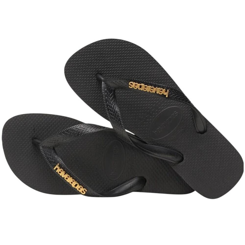 Havaianas Black Top Logo Metallic Flip Flops Sandals Size 8M